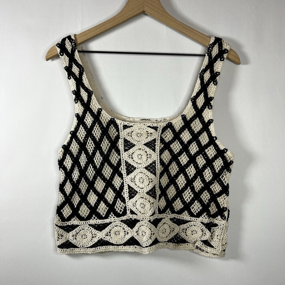Z Supply Blouse Women Sz Medium Calle‎ Crochet Tank Top Black Cream Cotton Blend